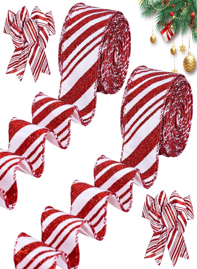 Whaline 2 Rolls 20 Yards Christmas Wired Edge Ribbons Glitter Red White Stripes Ribbon Christmas Candy Cane Gift Wrapping Ribbons for DIY Wreath Floral Arrangement Bow Decoration Supplies, 1.5 Inch - Image 1